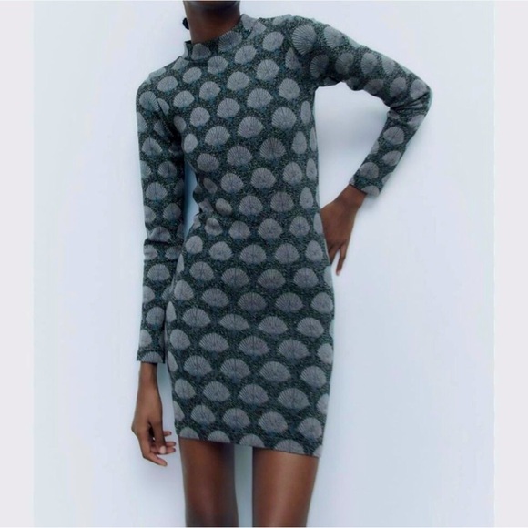 Zara Dresses & Skirts - ZARA Jacquard Navy Blue Seashell Metallic High Neck Open Back Bodycon Dress M/L